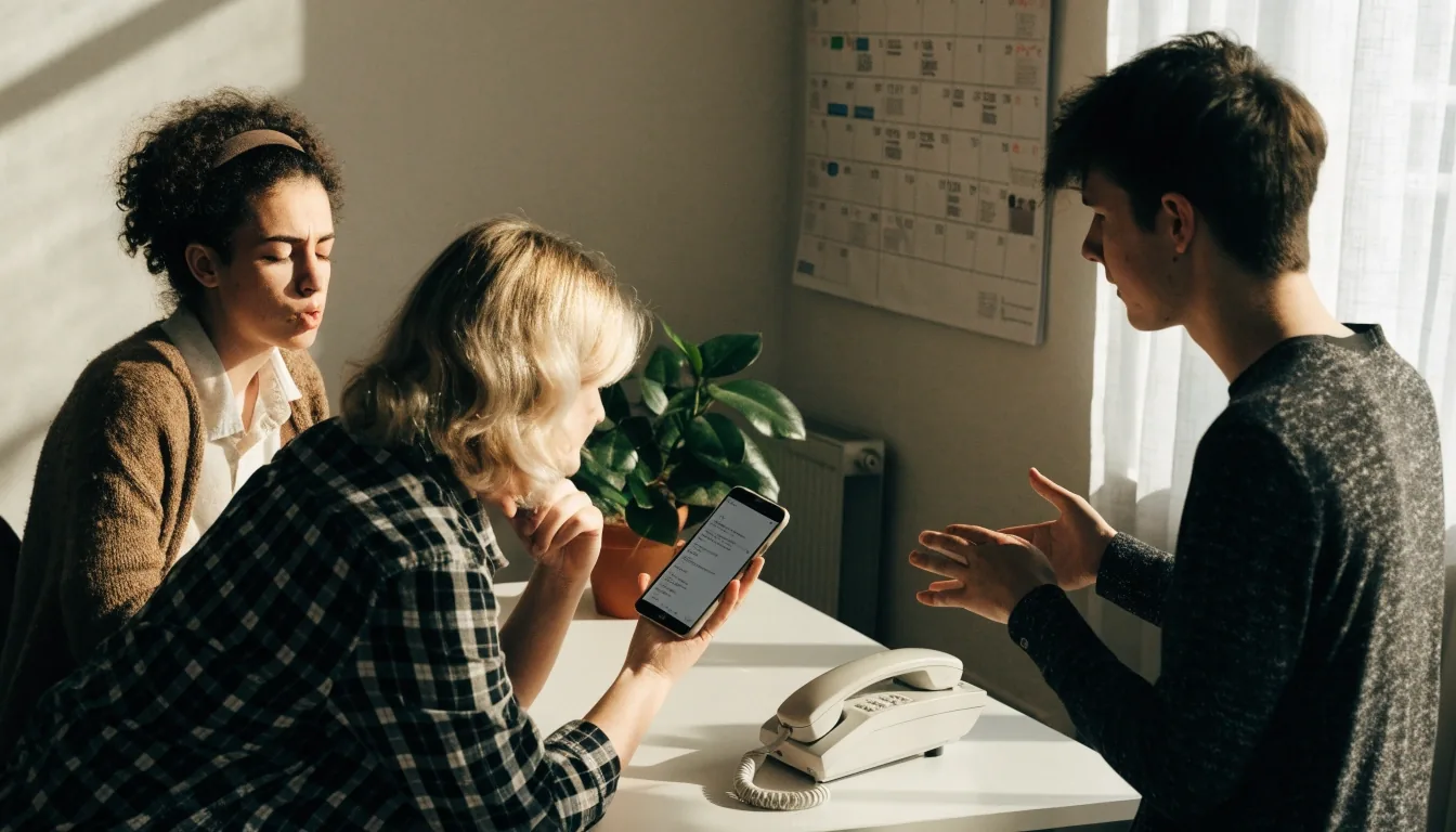 A small team reviewing an incoming message together in a bright studio