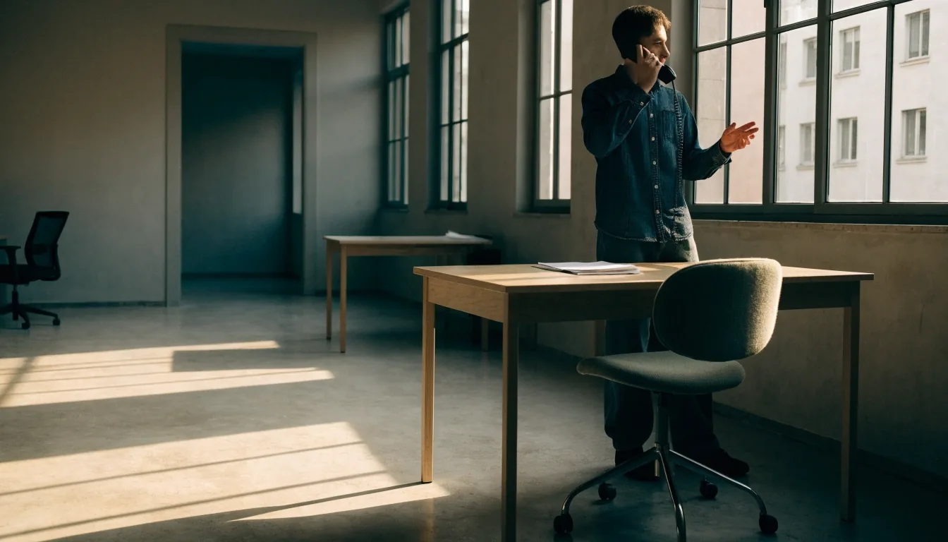 An open studio office in late afternoon light with someone on a phone call by the window