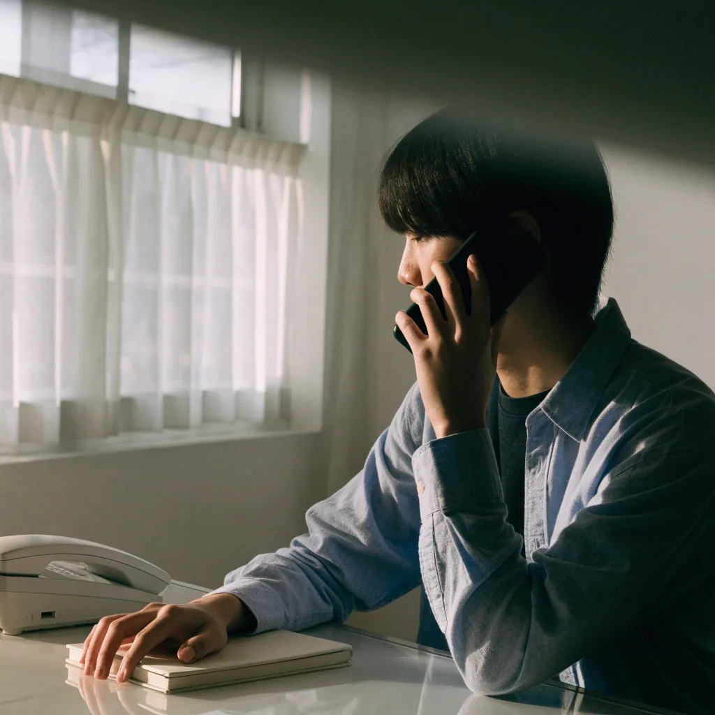 Hands typing an inquiry message at a desk in soft daylight