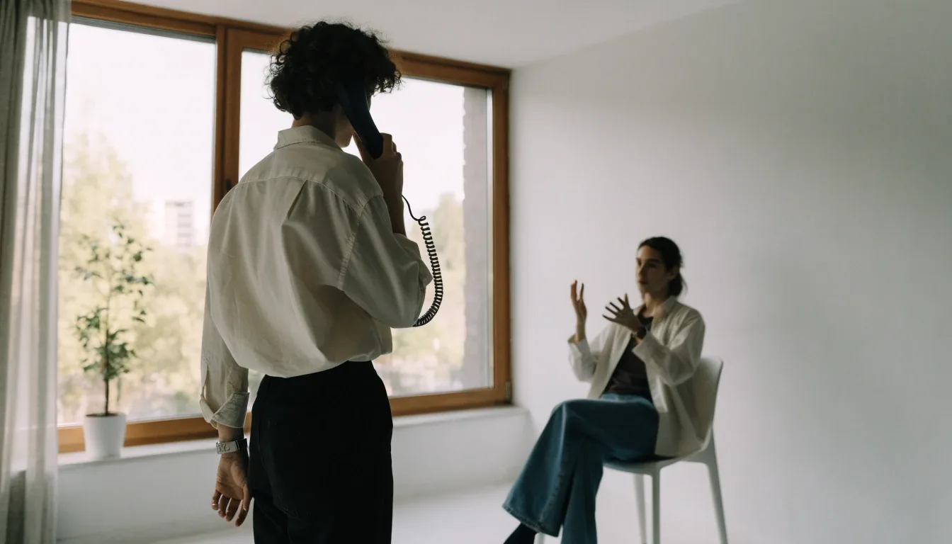 Two people working through an inquiry at a desk in a bright studio office