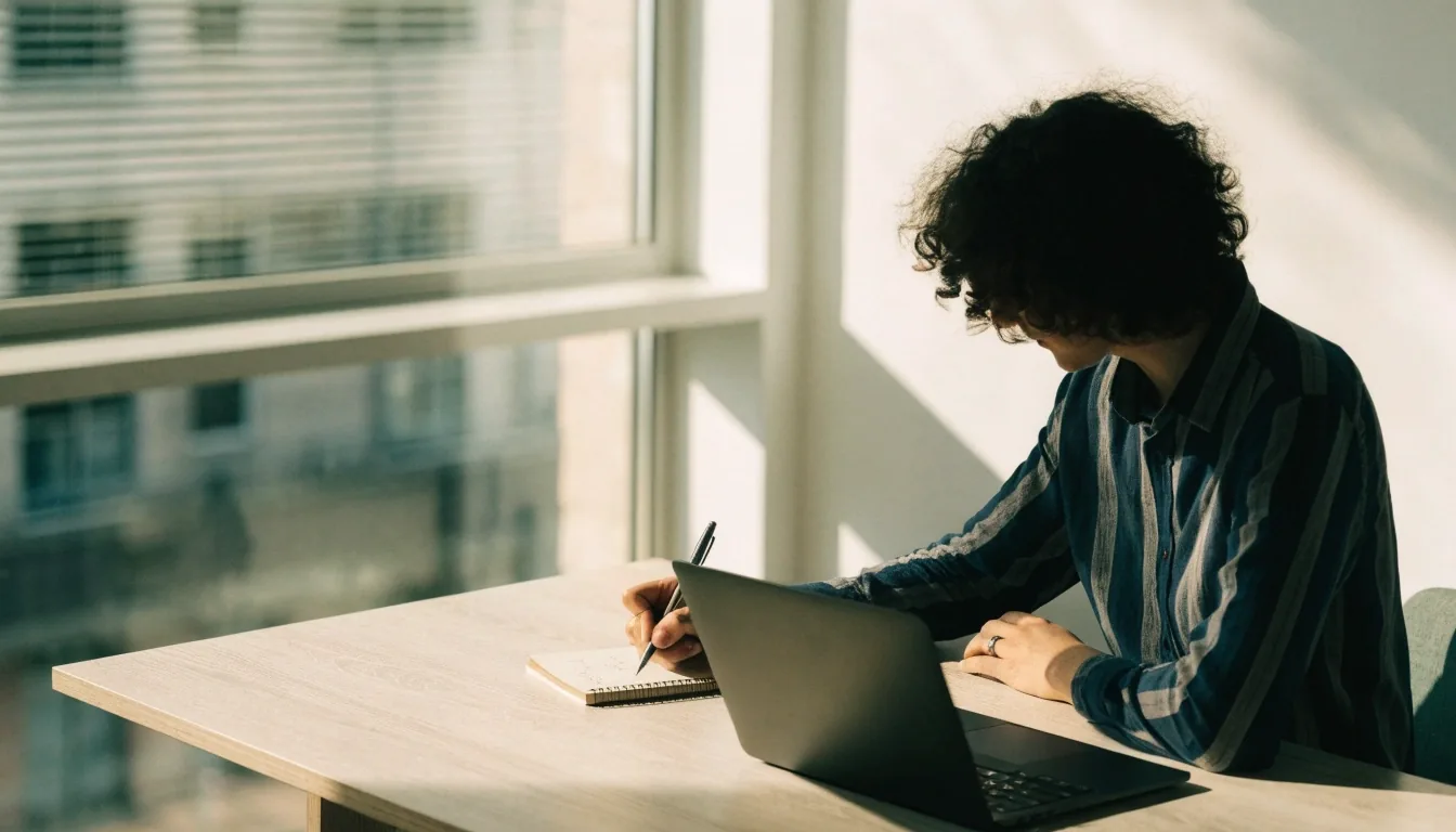 A quiet workspace desk beside a tall window with soft afternoon light across the surface