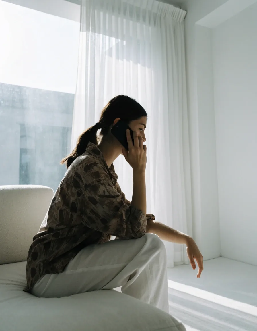 A person taking a phone call beside a bright window in a daylight office