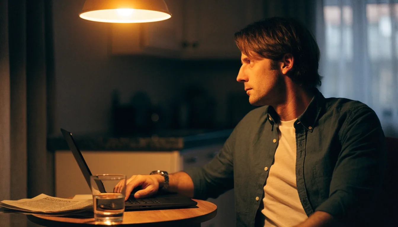 Person reading a website on a laptop at a home desk in dim evening light