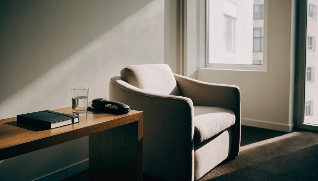 Quiet office corner in late afternoon light with an empty desk and closed laptop