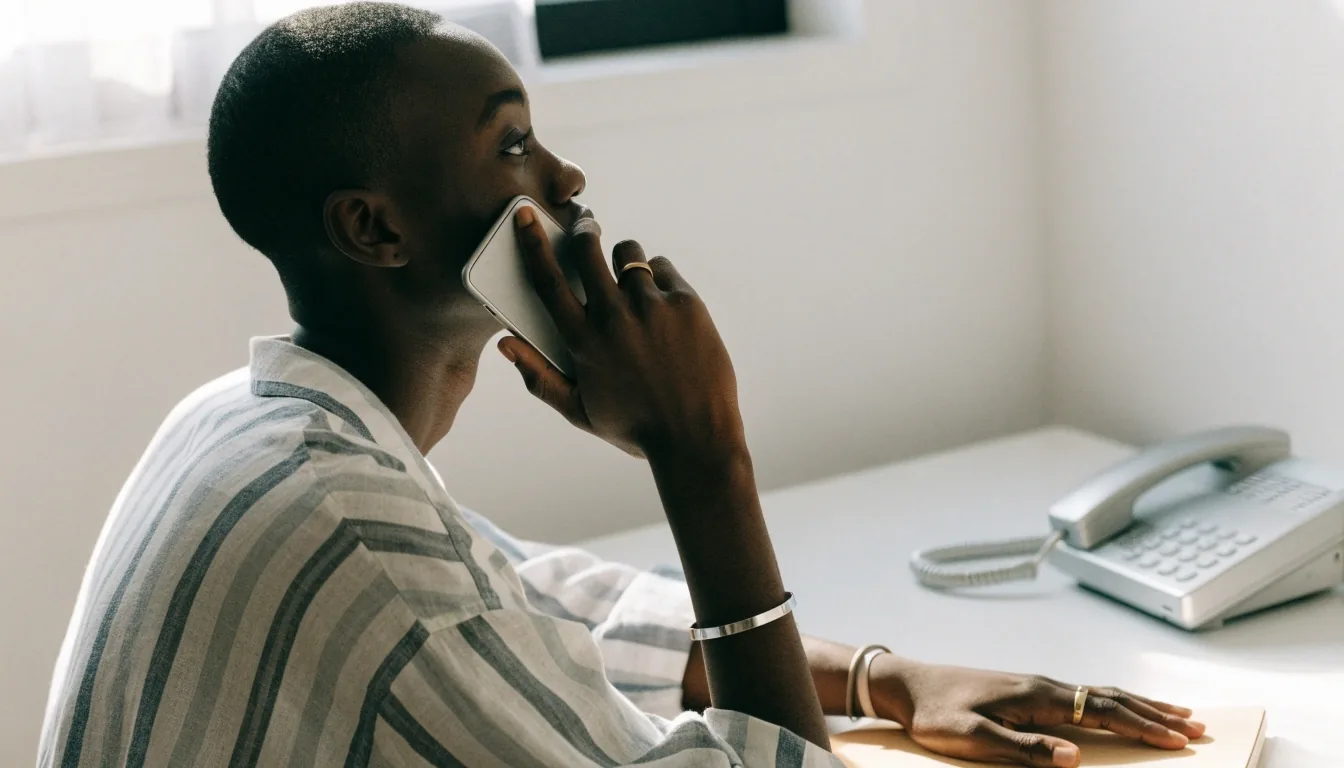A phone resting on a pale desk by an office window during working hours