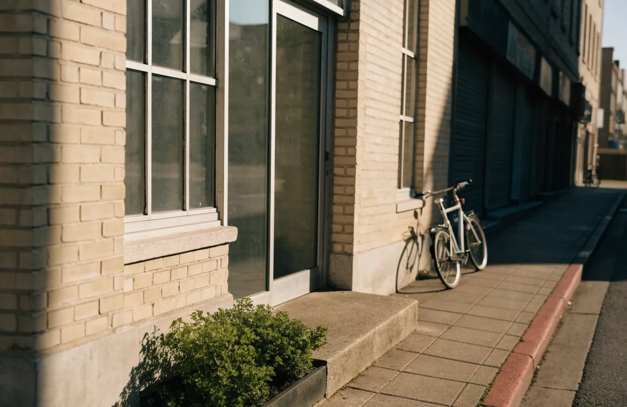 A quiet office entrance on a side street in the afternoon