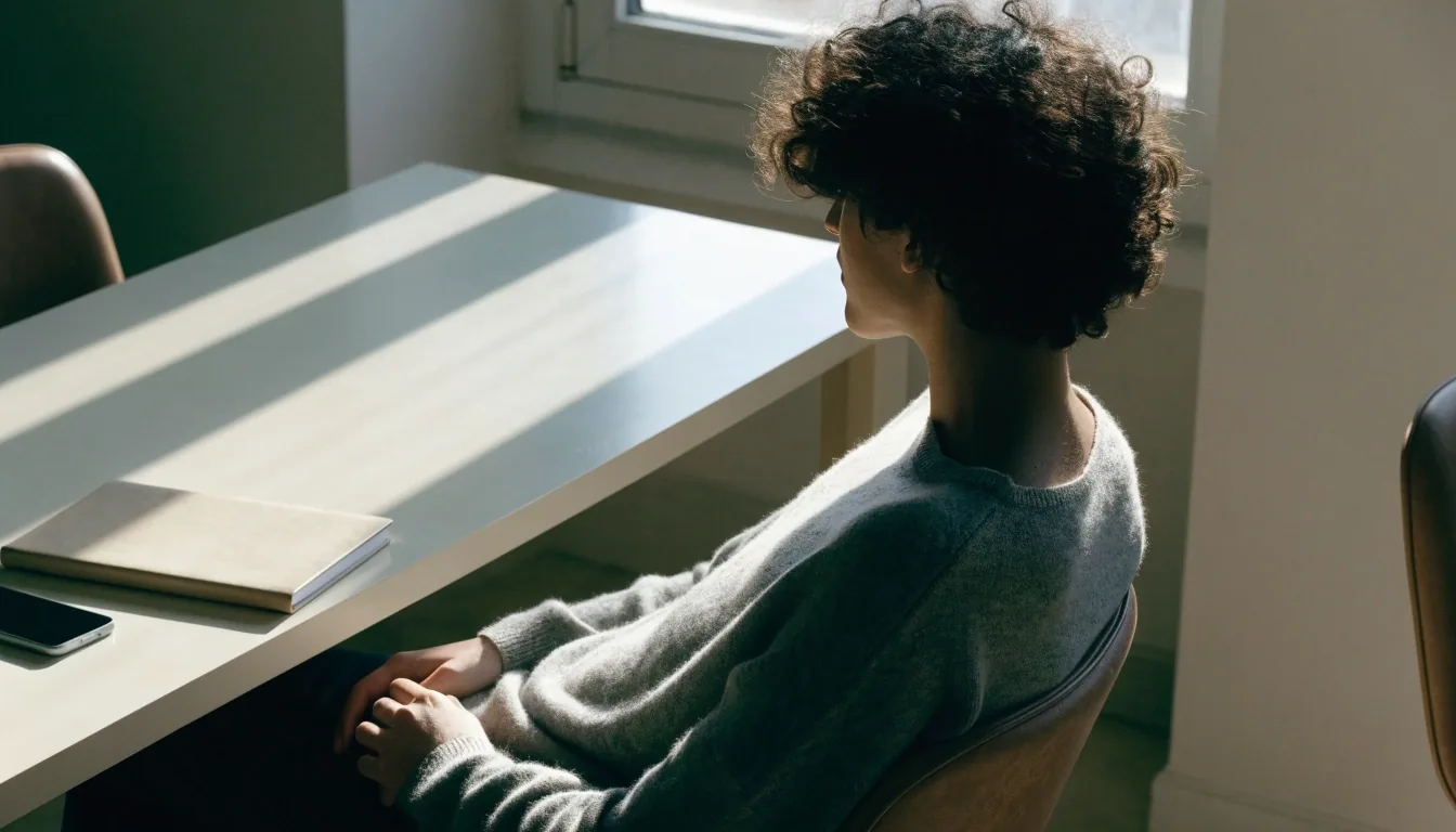 Someone pausing to write an inquiry message on a laptop at a pale desk in daylight
