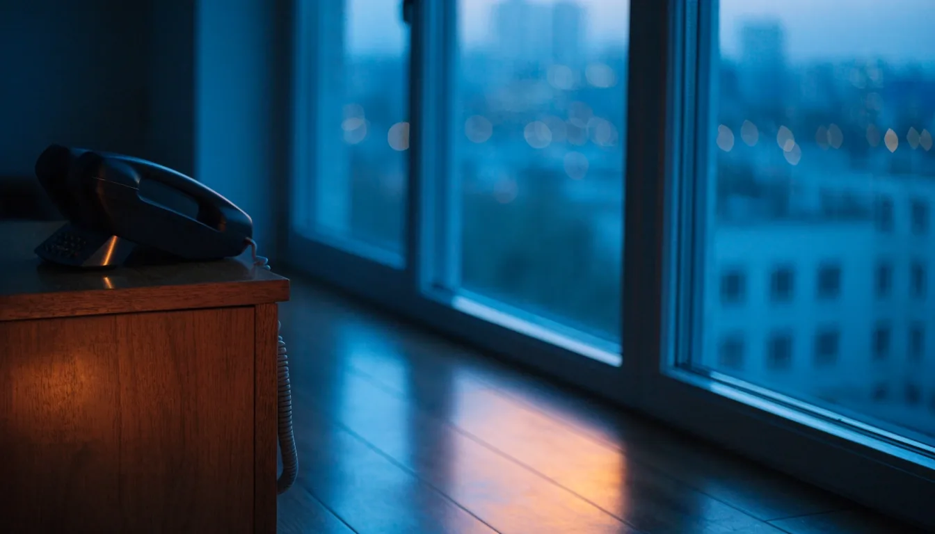 A quiet office desk beside a window at dusk with a telephone handset resting on it