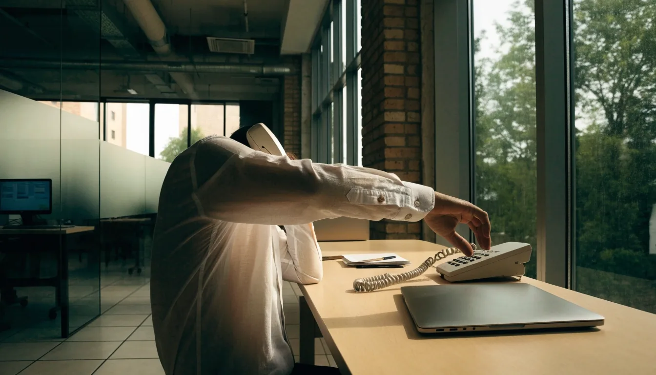 A person at a bright office desk starting a short written message, with a phone within reach