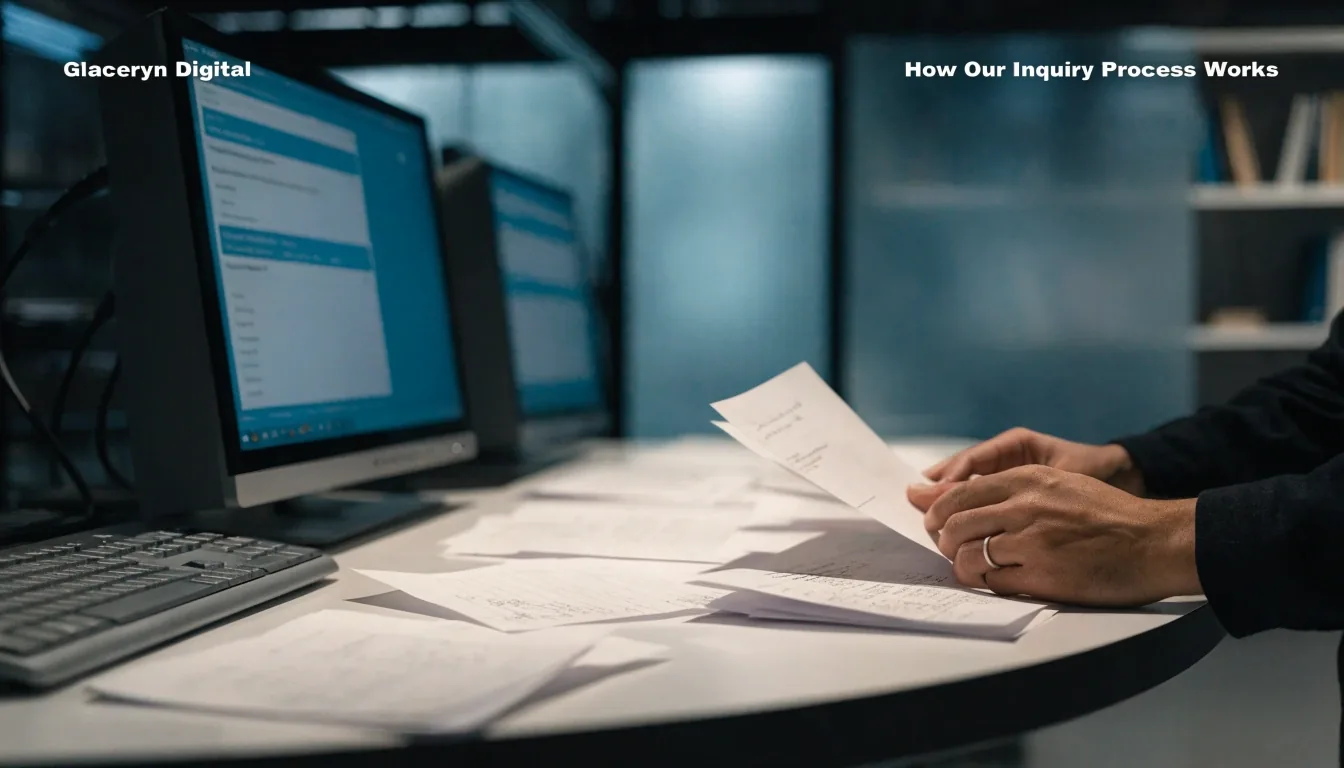 A hand sorting inquiry notes on a digitizing workstation at Glaceryn Digital