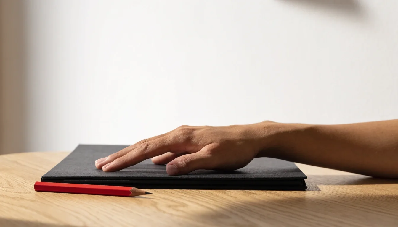 Hands marking up a printed page layout with a pencil on a studio table