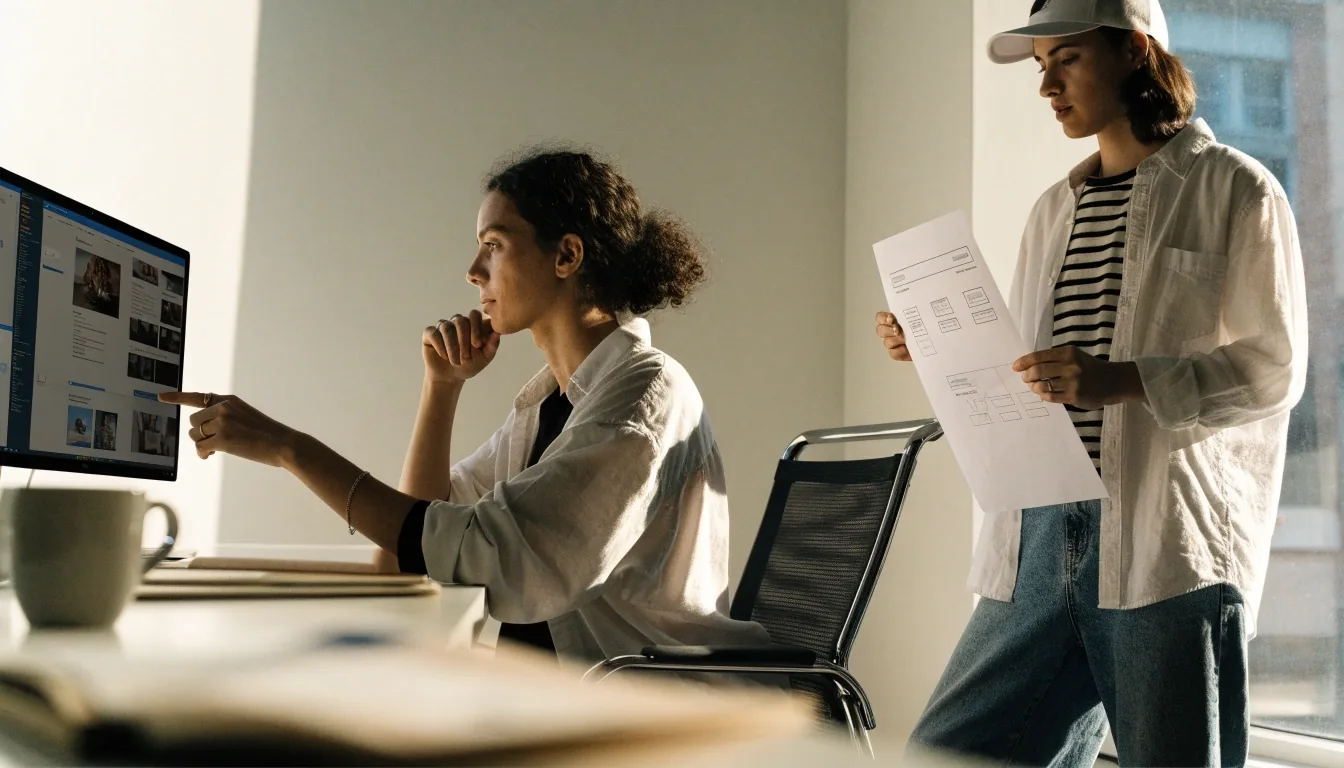 Two designers reviewing an inquiry form layout on a monitor in a bright studio office
