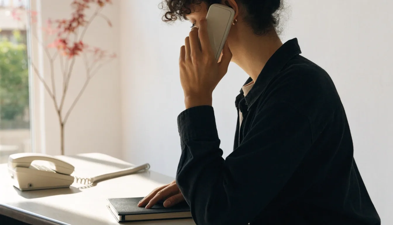 Hands pausing at a laptop and phone while preparing a reply
